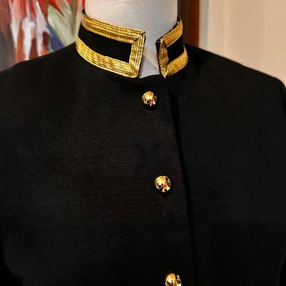 Black and Gold " Military Look" 80s Coat Dress by Leslie Fay Petites - Sz 8 - Picture 3 of 14